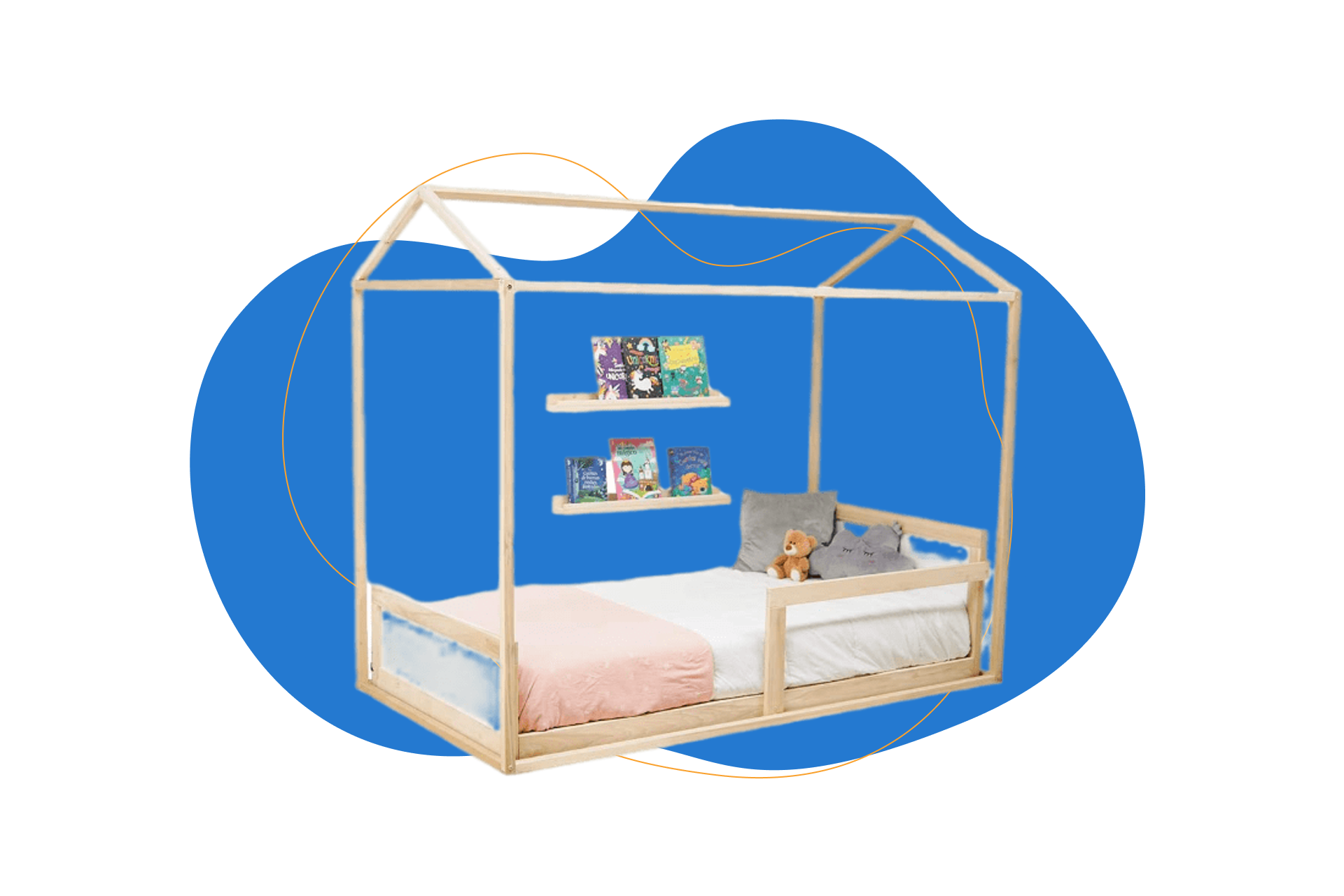 Kit | Cama Montessori Individual con Estructura de casa de Madera
